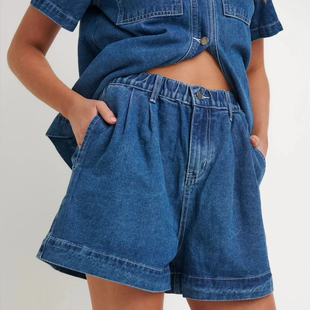 The Bronze Snake Delaney Denim Set Dark Blue Short Sleeve Jean Top Shorts Coord - Picture 3 of 14